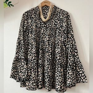 NWT Camisa navy blue leopard bell sleeve empire waist blouse neck ties tiered